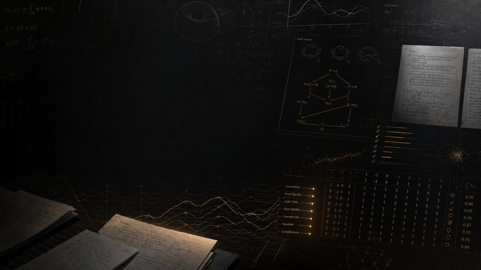 Dark technical math benchmark dashboard with homework pages and equations