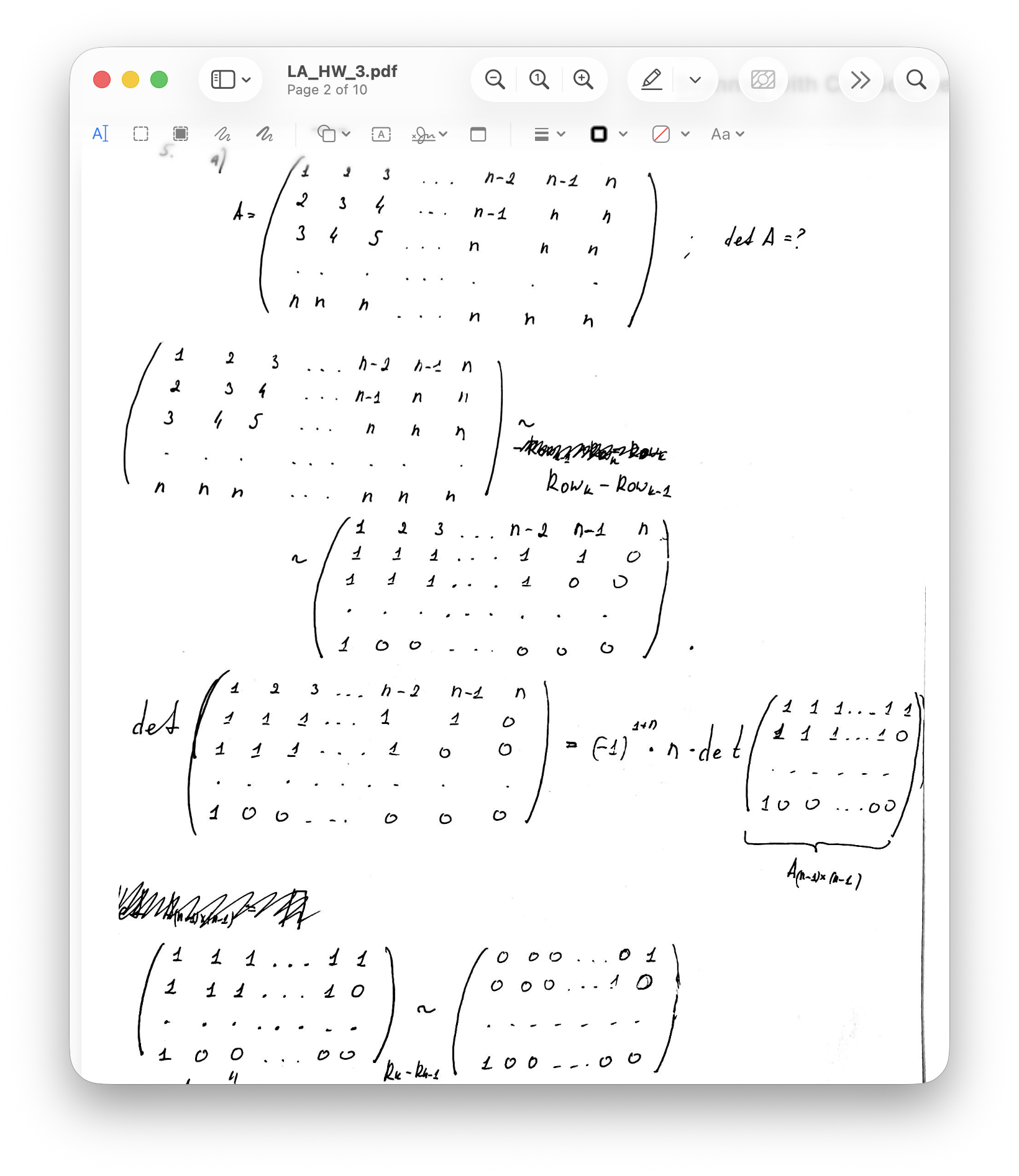 Rendered page from a linear algebra homework PDF with handwritten determinant work